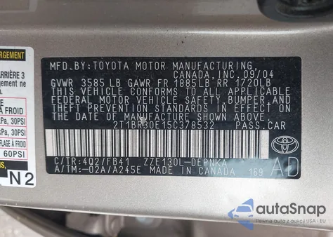 2005 Toyota Corolla Ce/Le/S z USA, uszkodzony, nr VIN 2T1BR30E15C378532